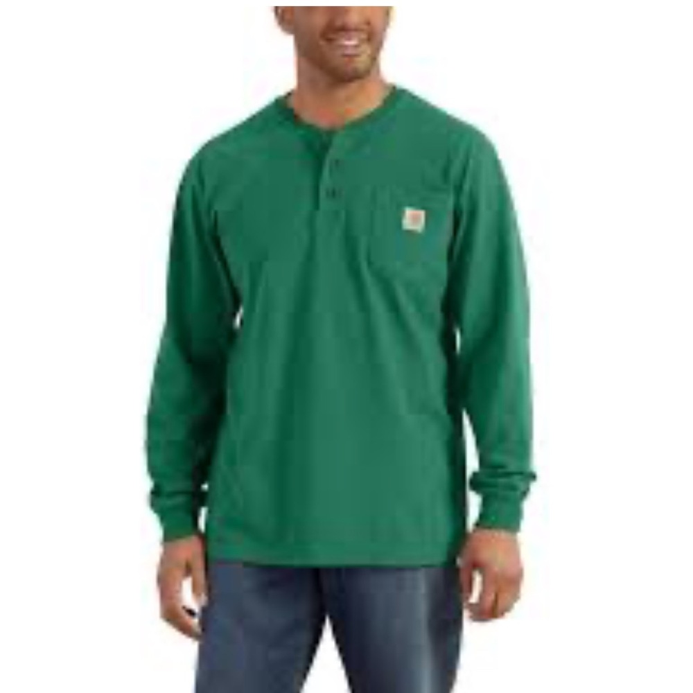 Carhartt Shirt Mens Green Long Sleeve Henley Loose Fit Size Large EUC